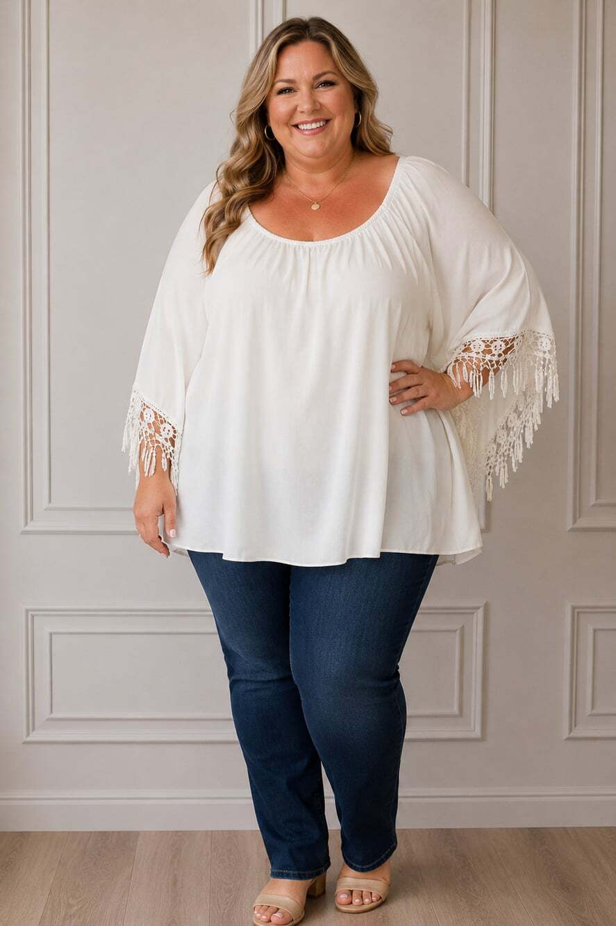 Lilypad Women's 3XL White Boho Blouse Lace Trim 3/4 Sleeve Tunic Top Plus Size